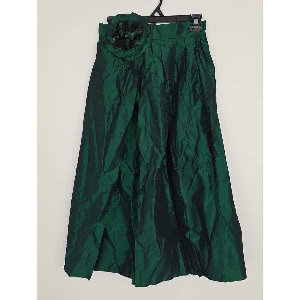 Vtg Emerald Green Taffeta Floral Applique Full A-Line Wrap Skirt Womens 9/10 EUC